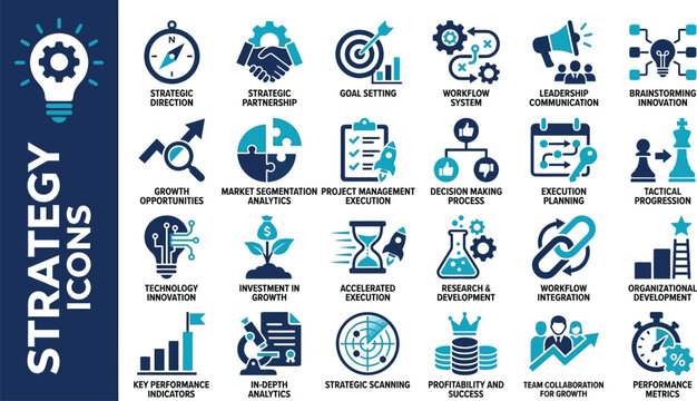 Strategy icons array presents a detailed collection of blue and dark navy business graphics illustrating market segmentation, research, and organizational development concepts.