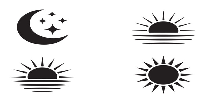 Night and day vector illustrations set. sleep and wake up concept, moon with stars and sun rising over water.