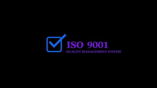 Iso 9001 management system certification badge animation featuring a glowing blue checkmark and bold purple typography for corporate compliance, business standards, and industrial excellence