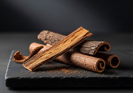 A close-up of premium cinchona bark sticks arranged on a dark stone slab, showcasing the raw organic texture of quinine-rich medicinal plant ingredient.