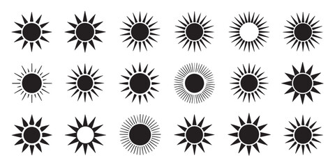 Obraz premium Collection of sun icons with diverse ray shapes and styles abstract solar symbols isolated on white background vector.