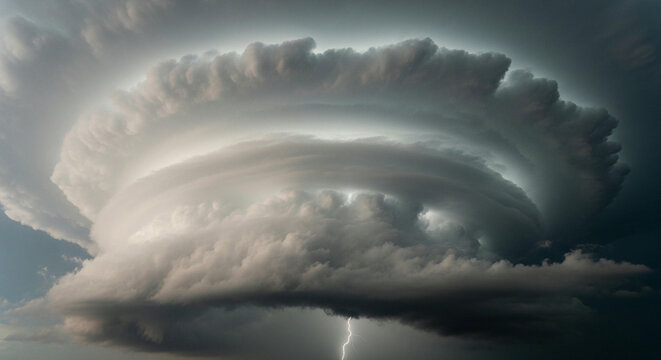 Dramatic supercell storm with rotating wall cloud and lightning bolt against dark sky