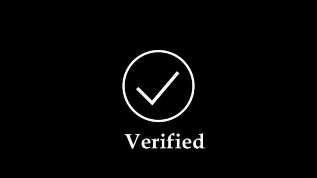 Animated verified checkmark symbol appearing on a clean black background, motion for digital trust, security confirmation, approval status, and user interface ux