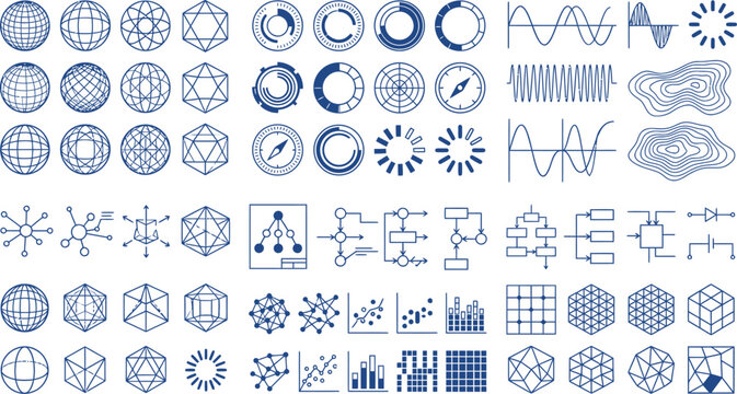 Technology asset sheet presents a collection of mathematical graphs and circular grid structures for engineering.