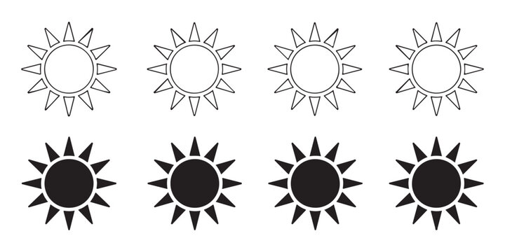 Sharp ray sun icon set featuring outline and solid fill variations for minimalist branding and weather symbol art.