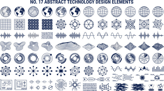 Geometric icons display an array of abstract technology design elements for digital interface development.