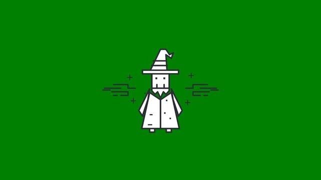 Minimalist cartoon wizard character with hat and robes on green background
