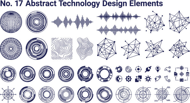 Abstract technology design elements include circular interface displays and geometric grid structures for modern software interfaces.