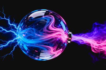 Obraz premium A transparent plasma sphere holds swirling pink and blue energy, with blue lightning on the left and purple-pink streams emitting from the right, set against a dark background.