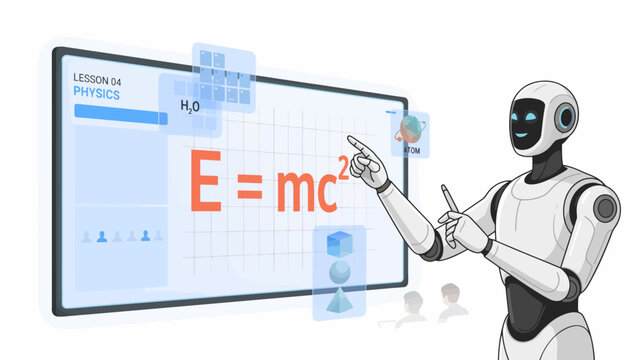 Robot pointing at physics equation on screen Emc2 white background illustration