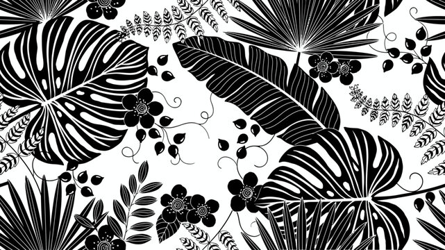 Tropical leaves and flowers black vector illustration monstera ferns berries botanical