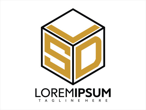 Modern vector graphic illustration of a cube with gold and black design elements and lorem ipsum text