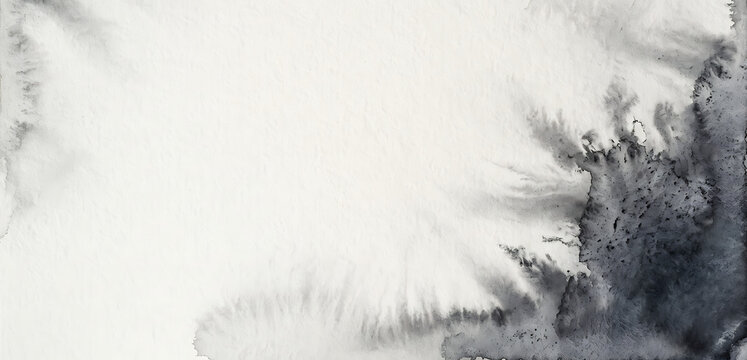 Minimalist abstract watercolor texture with dark charcoal gray pigment bleeding from corner, copy space for text