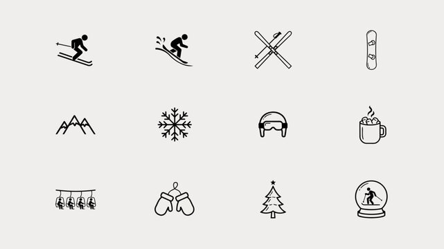 Skiing icons set on white background ski snowboard snowflake ski goggles snowman
