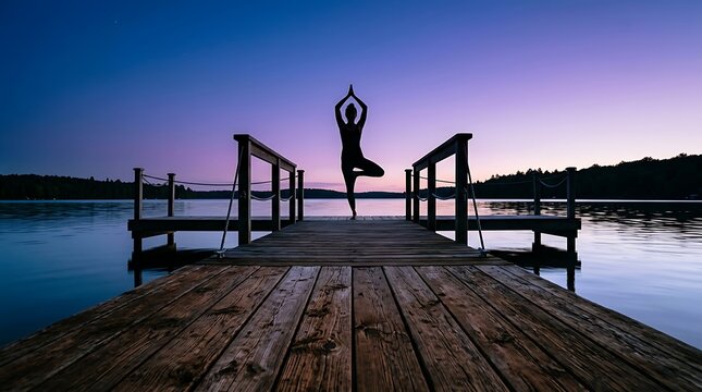 Silhouette of a Woman Performing Yoga Tree Pose on a Dock at Sunset.