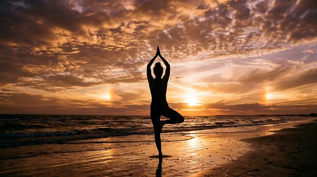 Silhouette of a person practicing yoga on a beach at sunset with a vibrant sky.
