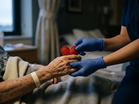 Nurse in blue gloves gives a red heart to an elderly patient in a hospital bed, symbolizing care and compassion.