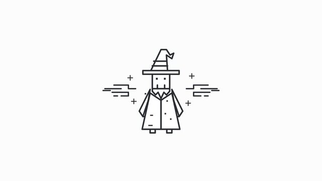 Minimalist line drawing of a cartoon wizard character with pointed hat and cloak on a white background