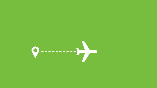 Animated flight route with a white airplane moving between two location pins over a green screen chroma key background.4k.