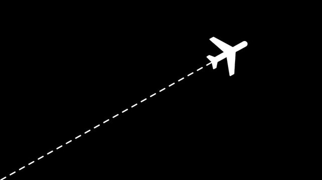 Minimalist white airplane animation flying diagonally along a dotted line path, ideal for commercial travel on black background.
