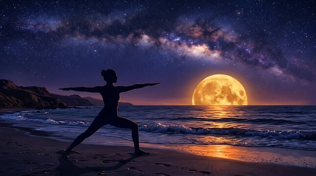 Woman Practicing Yoga Warrior Pose on Beach Under Full Moon and Starry Sky.