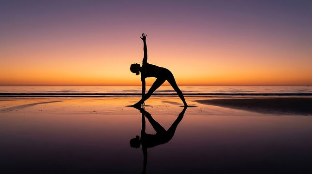 Silhouette of a woman practicing yoga on the beach at sunset, with a beautiful reflection in the water.