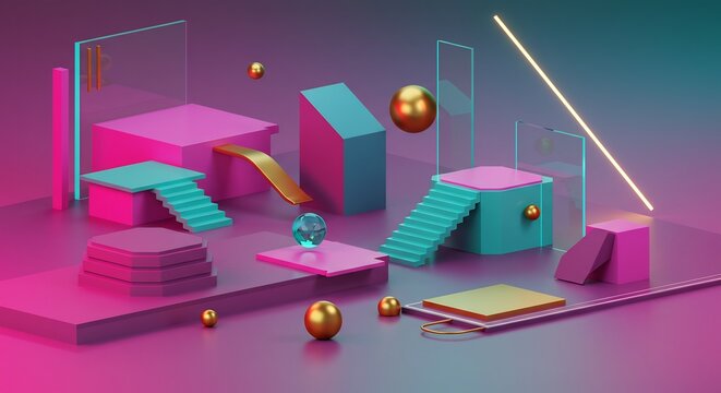 鮮やかなグラデーションが目を引くサイバーパンクな3D抽象空間 ピンクとターコイズの幾何学的な台座が複雑に配置され金色の卵や球体が浮遊する幻想的な光のアートワーク. AI Generated