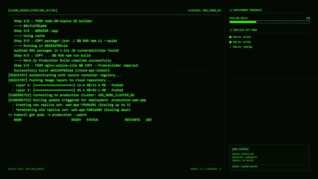 Cloud DevOps Kubernetes Deployment Pipeline Dashboard With Docker Container and Live Cluster Animation.