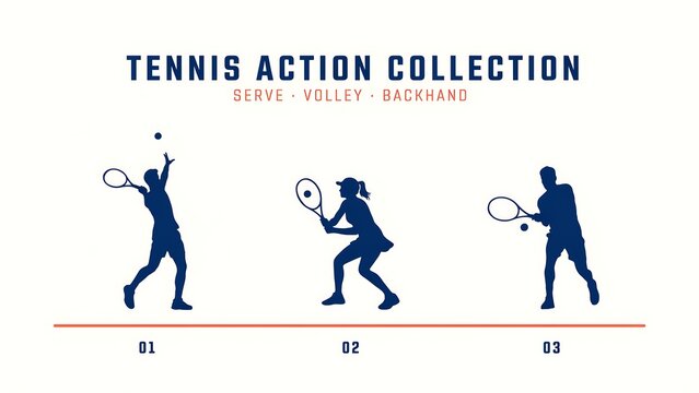 Set of dark blue silhouette showing tennis players in action performing a serve, a volley, and a backhand stroke on white background