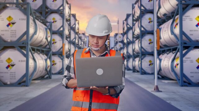 Asian Male Engineer With Safety Helmet Working On A Laptop And Looking Around While Standing at Industrial Chemical Tank Container Storage Facility