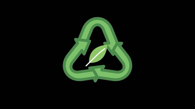 Sustainable recycling symbol concept green arrows with leaf on black background