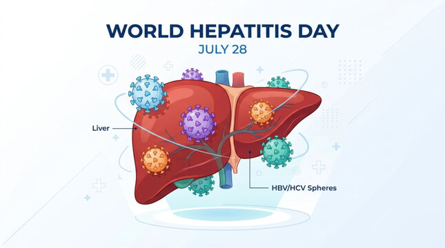 World Hepatitis Day Banner with Human Liver and Virus Illustration