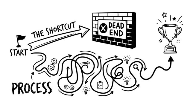 Hand drawn infographic illustration showing a winding path to success while avoiding a dead end shortcut for achieving professional goals in a creative business strategy concept