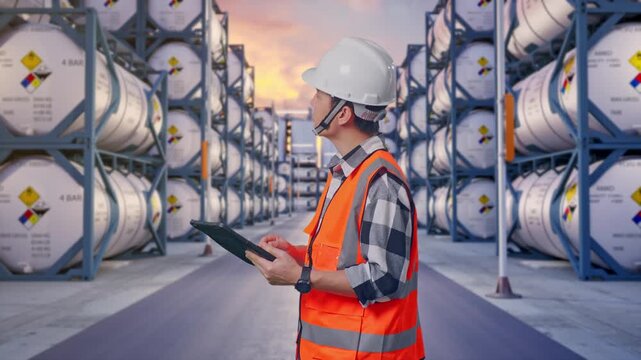 Side View Of Asian Male Engineer With Safety Helmet Looking At The Tablet In His Hand And Looking Around While Standing at Industrial Chemical Tank Container Storage Facility