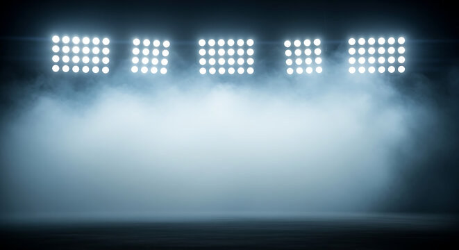 Bright stadium floodlights shining through thick fog at night with floodlights illumination atmospheric darkness dramatic performance visibility nighttime stadiums spotlight
