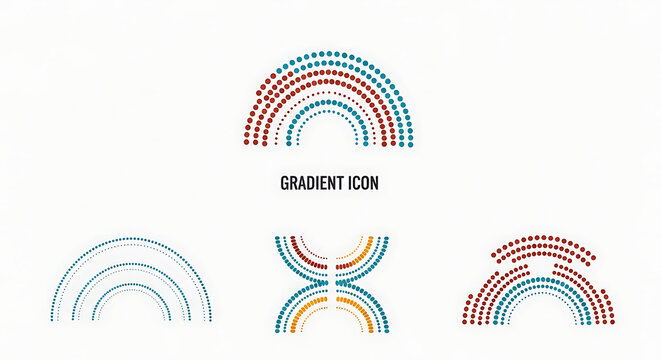Abstract rainbow arch shapes in stippled gradient texture set with gradient abstract geometric minimalist colorful semicircle halftone creative illustration