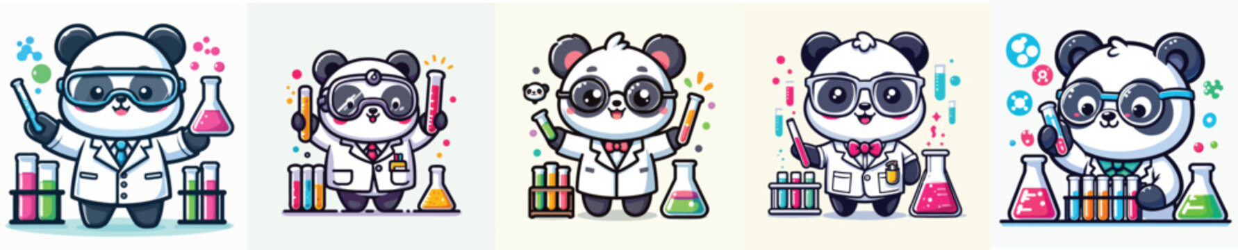Set of cute panda vectors in scientist costumes doing experiments