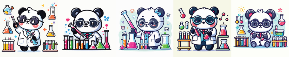 Set of cute panda vectors in scientist costumes doing experiments © sarah16blakeyxh2