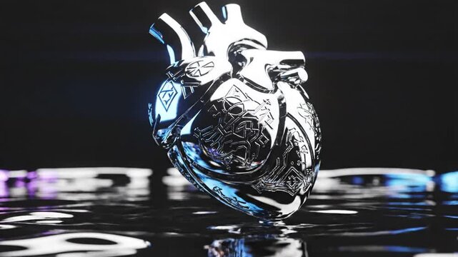 Ornate silver mechanical heart on dark water.