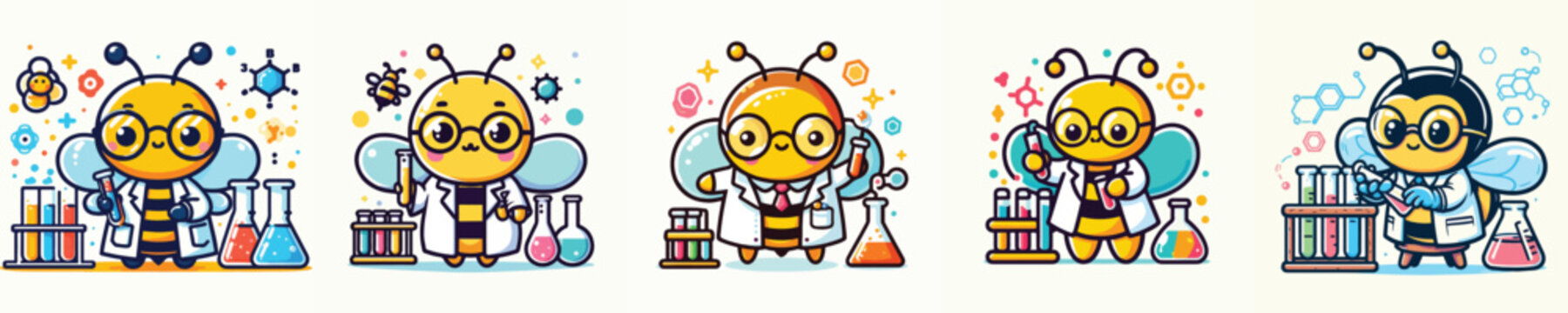 Set of cute bee vectors in scientist costumes doing experiments