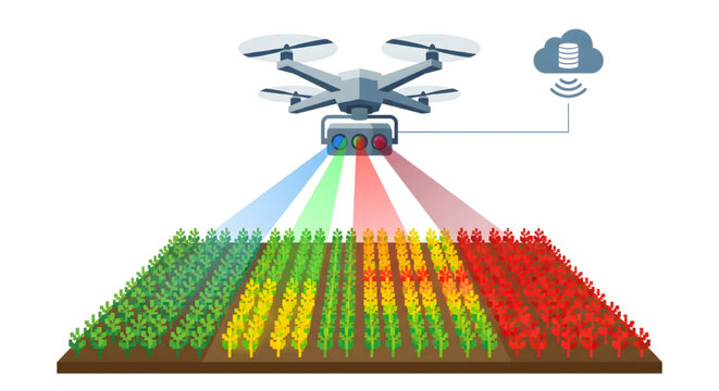 Smart agriculture drone scanning crop field vector illustration, farming vector design showing a quadcopter scanning multi-colored geometric crop fields with multispectral lasers to compile data