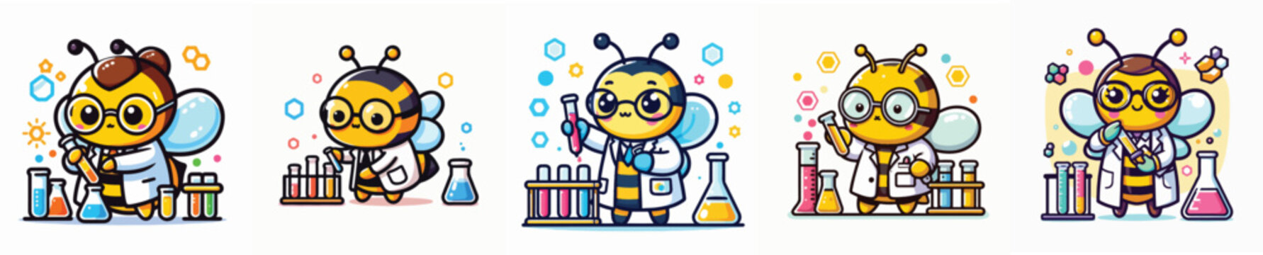 Set of cute bee vectors in scientist costumes doing experiments