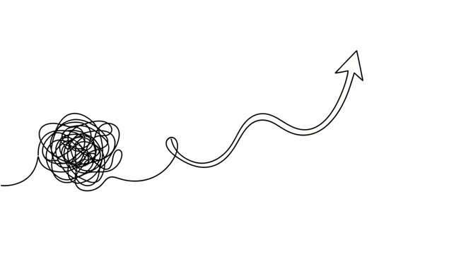 Tangled line transforms into upward arrow, symbolizing progress and problem-solving