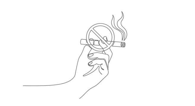 Hand holding cigarette with no smoking sign, continuous line art
