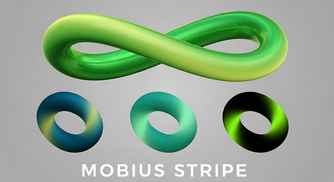 Three-dimensional green infinity mobius stripe shapes on grey background with infinity gradient geometry abstract mathematics isolated minimalist continuous sculpture