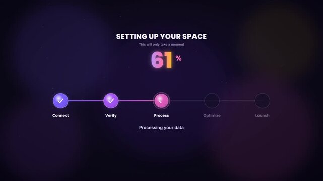 Animated loading screen with progress bar and step tracker counting up to one hundred percent