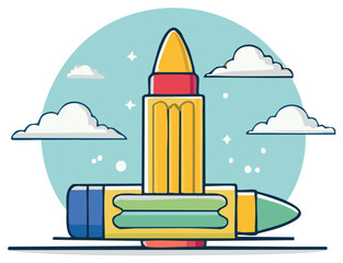 Naklejka premium Cartoon bullet design with clouds, stars, and sky