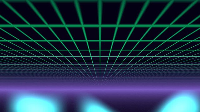 Retro synthwave grid animation moving forward into a dark purple landscape with glowing neon light video