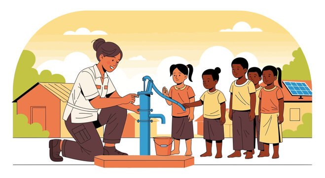 Community Aids Water Well Pump for Children and Solar Panel Village Scene