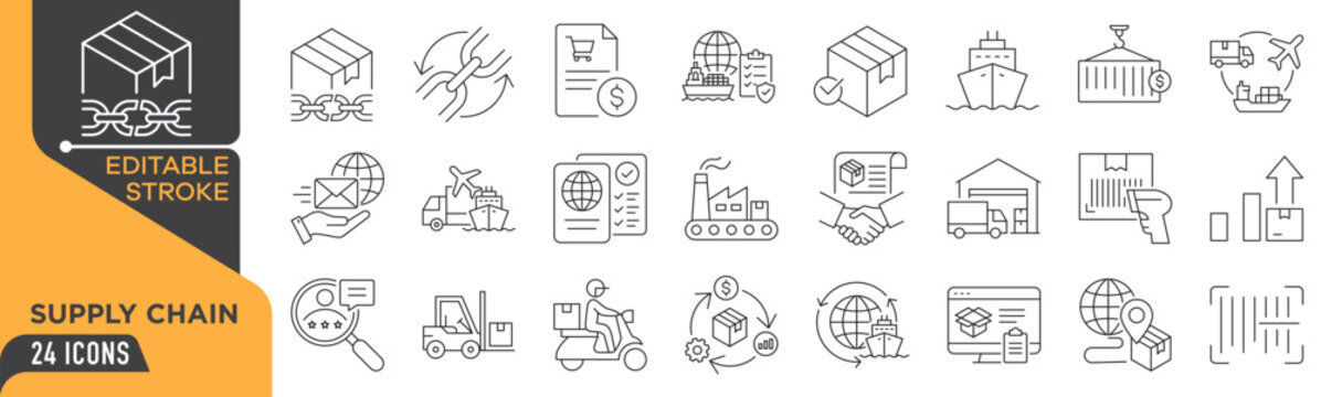 Supply Chain Editable Stroke Line Icons Set &ndash; Logistics, Shipping, Warehouse, Delivery & Global Trade Outline Vector Collection.eps